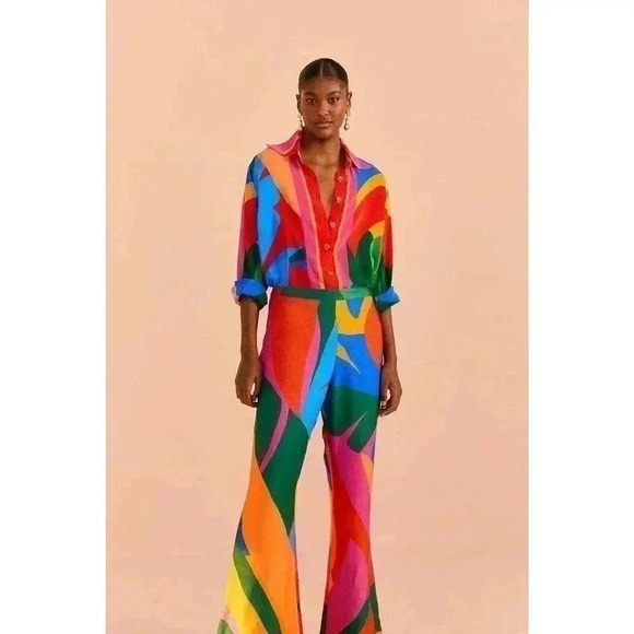 Farm Rio Colorful Leaves Flared Pants S Tropical Beach Resort Dress Outfit NWT - Picture 4 of 5